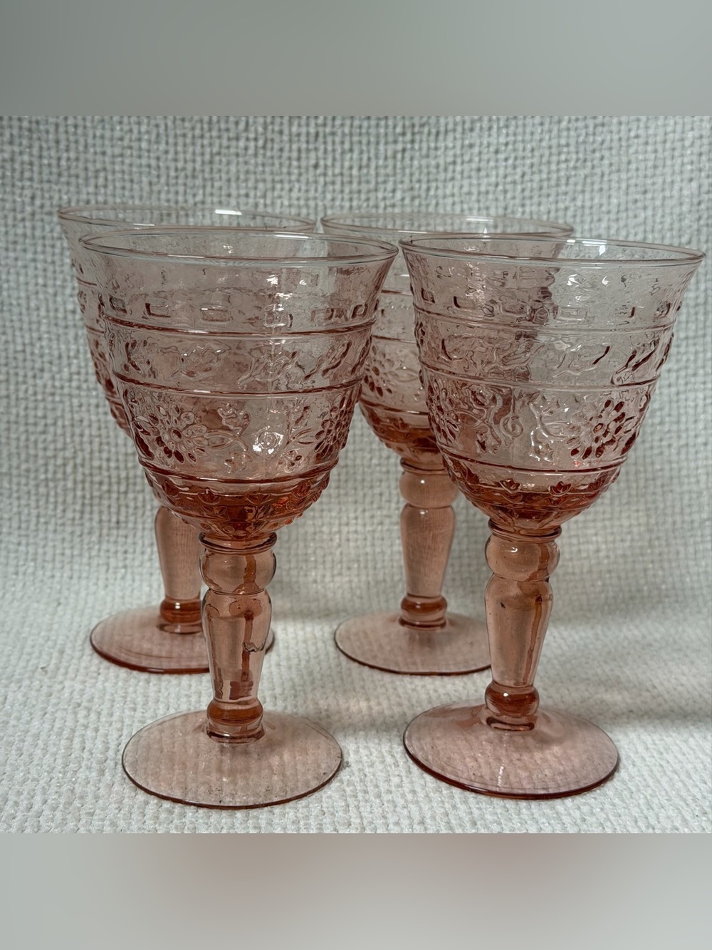 Set of (4) PIECE PEACHY PINK FLORAL STEMWARE ~ FARMHOUSE LADY CHIC ~ ROSE WATE